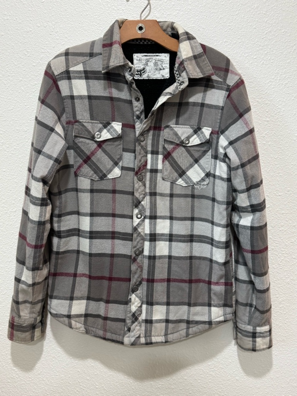 Vintage Fox Gray White and Burgundy Plaid Button-Down Flannel Shirt